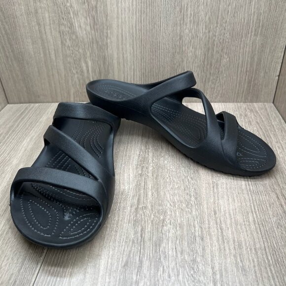 Crocs Kadee II Slide Sandals Womens 11 Slip On Z-Strap Water Friendly Flat Black - Picture 7 of 9